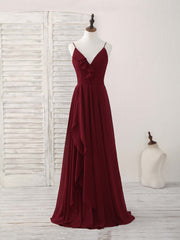 Formal Dress Classy, Simple Burgundy V Neck Chiffon Long Prom Dress, Bridesmaid Dress