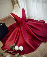 Prom Dress Long Sleeves, Simple Burgundy V Neck Short Prom Dress, Burgundy Evening Dress