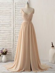Prom Dress Fabric, Simple Champagne Long Prom Dresses V Neck Chiffon Bridesmaid Dress