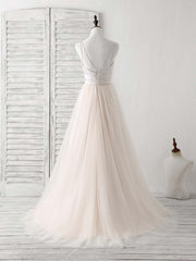 Prom Dress Shop, Simple Champagne Tulle Long Prom Dress Tulle Evening Dress