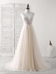 Prom Dress Inspiration, Simple Champagne Tulle Long Prom Dress Tulle Evening Dress