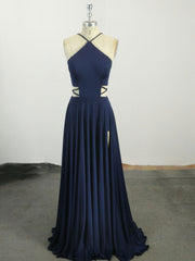 Spring Wedding Color, Simple Chiffon Blue Long Prom Dress, Blue Evening Dress