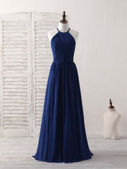 Evening Dresses With Sleeves, Simple Dark Blue Chiffon Long Prom Dress Blue Bridesmaid Dress