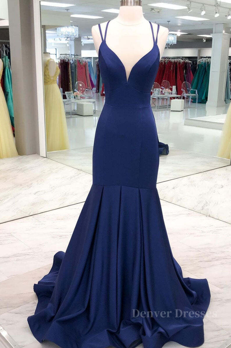 Bridesmaid Dresses Websites, Simple dark blue satin long prom dress blue evening dress