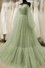 Formal Dresses Online, Simple Green Tulle Prom Dress with Bishop Sleeves,Dresses for Party Events
