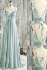 Evening Dress Lace, SIMPLE GREEN V NECK CHIFFON LACE LONG PROM DRESS LACE BRIDESMAID DRESS