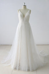 Wedding Dresses For Fall Weddings, Simple Long A-line V Neck Tulle Wedding Dress