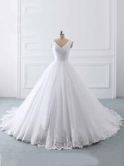 Wedding Dress Near Me, Simple Long Ball Gown V-Neck Lace-Up Tulle Wedding Dresses