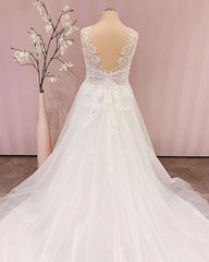 Wedding Dress For Bride, Simple Long V-neck A-Line Backless Wedding Dress With Appliques Lace