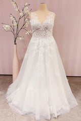 Wedding Dresses Simple Lace, Simple Long V-neck A-Line Backless Wedding Dress With Appliques Lace