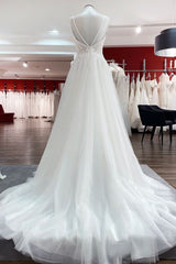 Weddings Dresses Near Me, Simple Long V-neck Sequins Ruffles A-line Tulle Backless Wedding Dress