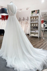 Weddings Dress Near Me, Simple Long V-neck Sequins Ruffles A-line Tulle Backless Wedding Dress