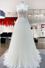 Wedding Dresses For The Beach, Simple Long V-neck Sequins Ruffles A-line Tulle Backless Wedding Dress