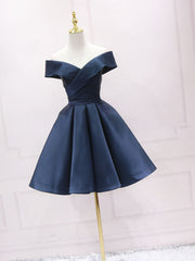 Strapless Prom Dress, Simple Off Shoulder Satin Dark Blue Short Prom Dress, Blue Homecoming Dress