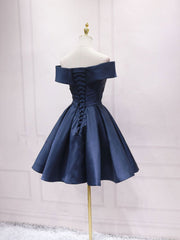 Backless Dress, Simple Off Shoulder Satin Dark Blue Short Prom Dress, Blue Homecoming Dress