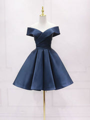 Party Dress Midi With Sleeves, Simple Off Shoulder Satin Dark Blue Short Prom Dress, Blue Homecoming Dress