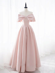 Wedding Dress Guest, Simple Pink Satin Long Prom Dresses, Pink Bridesmaid Dresses
