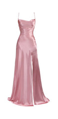 Homecomming Dresses Lace, Simple Pink Spaghetti Straps Long Prom Dress with Split