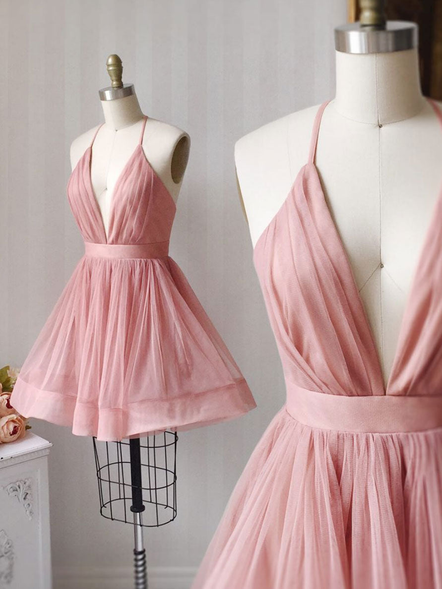 Black Bridesmaid Dress, Simple Pink Tulle Short Prom Dress, Aline Pink Bridesmaid Dress