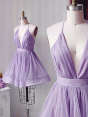 Purple Prom Dress, Simple Pink Tulle Short Prom Dress, Aline Pink Bridesmaid Dress