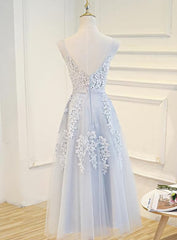 Prom Dresses Guide, Simple Pretty Light Grey Tea Length Prom Dress, Tea Length Bridesmaid Dress