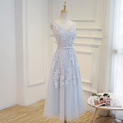 Prom Dress Guide, Simple Pretty Light Grey Tea Length Prom Dress, Tea Length Bridesmaid Dress
