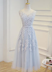 Prom Dresses Chiffon, Simple Pretty Light Grey Tea Length Prom Dress, Tea Length Bridesmaid Dress