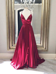 Fall Wedding Ideas, Simple red v neck satin long prom dress, red evening dress