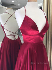 Wedding Inspiration, Simple red v neck satin long prom dress, red evening dress