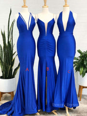 Bridesmaid Dress Cheap, Simple Royal blue v neck mermaid long prom dress blue evening dress