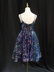 Prom Dress Chicago, Simple Sequin Blue Short Prom Dress, Blue Homecoming Dress