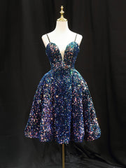 Prom Dresses Mermaide, Simple Sequin Blue Short Prom Dress, Blue Homecoming Dress