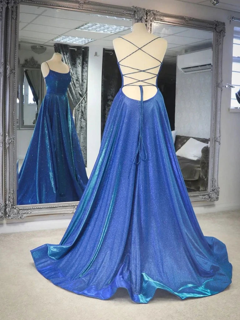 Bridesmaids Dress Websites, Simple Shiny Backless Blue Long Prom Dresses, A Line Blue Open Back Long Formal Evening Dresses
