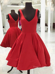 Prom Dresses Size 45, Simple Short V Neck Red Satin Prom Dresses, Short Red Formal Homecoming Dresses