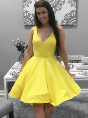 Prom Dresses For Short Girl, Simple Short V Neck Yellow Red Satin Prom Dresses, Short Red Yellow Formal Homecoming Dresses