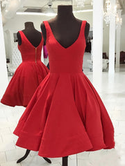 Prom Dresses For Short Girls, Simple Short V Neck Yellow Red Satin Prom Dresses, Short Red Yellow Formal Homecoming Dresses