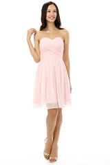 Bridesmaide Dresses Long, Simple Strapless Chiffon Sweetheart Short Pink Homecoming Dresses