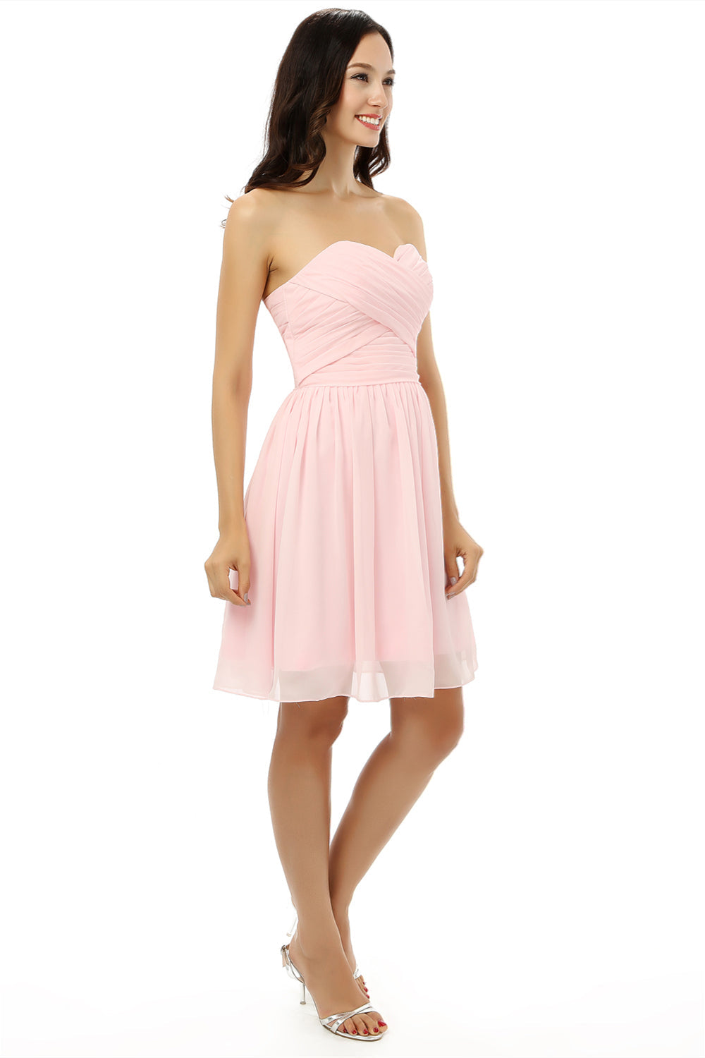 Bridesmaid Dress On Sale, Simple Strapless Chiffon Sweetheart Short Pink Homecoming Dresses