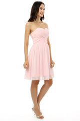 Bridesmaid Dress On Sale, Simple Strapless Chiffon Sweetheart Short Pink Homecoming Dresses