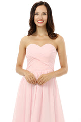 Bridesmaides Dresses Long, Simple Strapless Chiffon Sweetheart Short Pink Homecoming Dresses