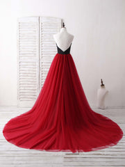 Long Sleeve Prom Dress, Simple Sweetheart Burgundy Tulle Long Prom Dress, Evening Dress