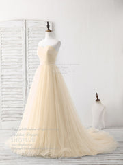Party Dress Sleeves, Simple Sweetheart Champagne Tulle Long Prom Dress Champagne Evening Dress