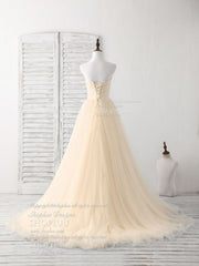 Party Dresses Sleeves, Simple Sweetheart Champagne Tulle Long Prom Dress Champagne Evening Dress