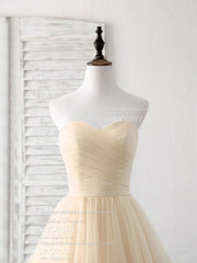 Party Dress Sleeve, Simple Sweetheart Champagne Tulle Long Prom Dress Champagne Evening Dress