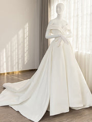 Bridesmaids Dresses Online, Simple sweetheart neck off shoulder long prom dress, white evening dress