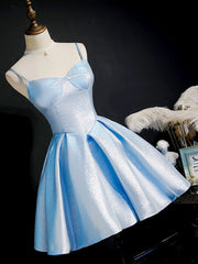 Formal Dresses Winter, Simple Sweetheart Neck Satin Short Blue Prom Dresses, Puffy Blue Homecoming Dresses