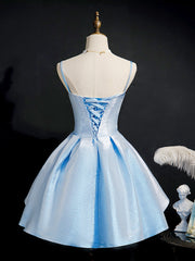 Formal Dress For Winter, Simple Sweetheart Neck Satin Short Blue Prom Dresses, Puffy Blue Homecoming Dresses