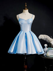 Formal Dress Boutique, Simple Sweetheart Neck Satin Short Blue Prom Dresses, Puffy Blue Homecoming Dresses