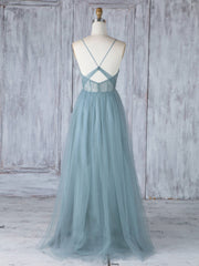 Formal Dresses Off The Shoulder, Simple Sweetheart Neck Tulle Lace Long Prom Dresses, Gray Blue Bridesmaid Dresses