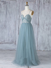 Formal Dresses Corset, Simple Sweetheart Neck Tulle Lace Long Prom Dresses, Gray Blue Bridesmaid Dresses